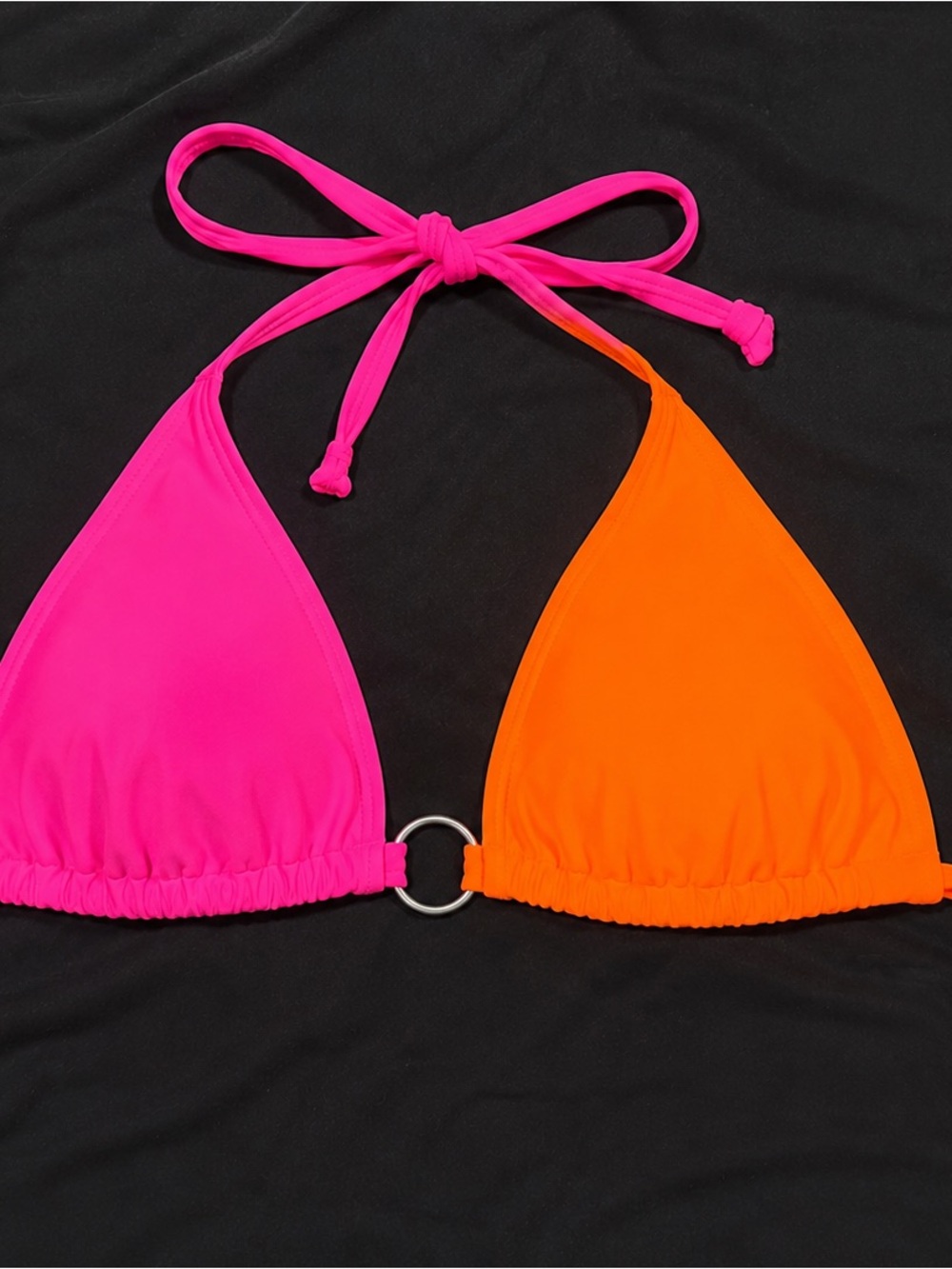 Neon Pink & Orange Triangle Bikini Top with Ring Accent